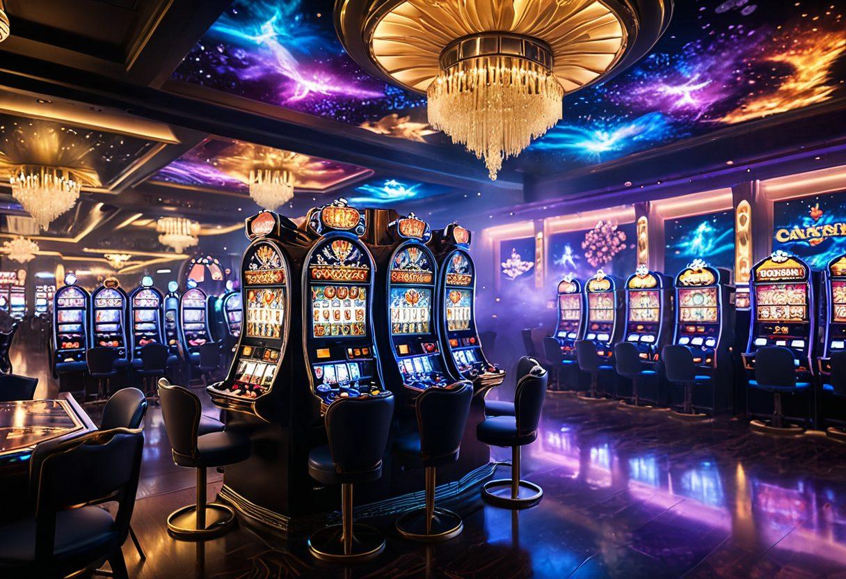 A mystical casino scene with enchanted elements, featuring glowing slot machines and floating playing cards, surrounded by magical mist. A joyful gamer, immersed in the experience, with a sparkling jackpot in the background. The atmosphere is filled with vibrant colors and whimsical details, inviting viewers into the fantasy world of gaming. enchanted fantasy. vibrant colors. super-realistic.