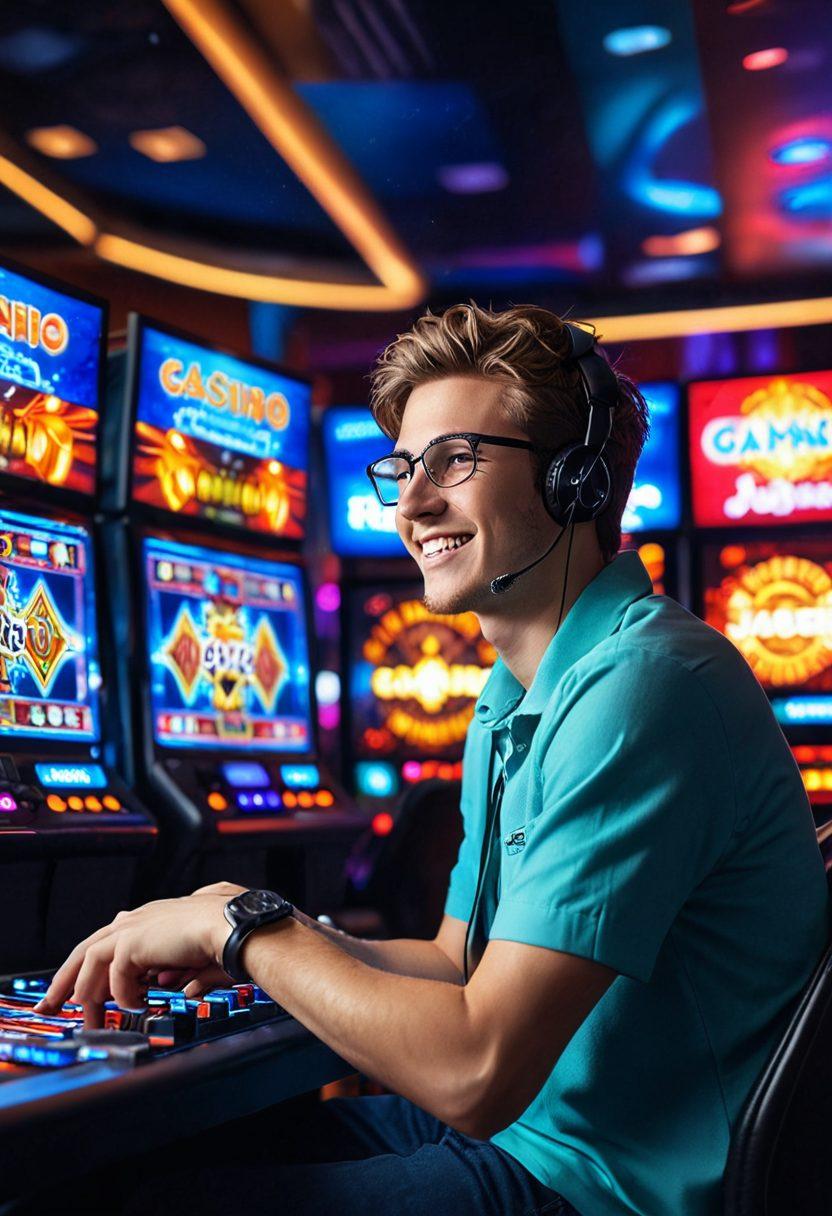 A dynamic scene depicting a gamer surrounded by multiple screens showcasing various jackpot games, with excitement and colorful animations bursting from the screens. Include elements like coins raining down, game controllers, and neon lights for an energetic atmosphere. The gamer, a young adult, is intensely focused, with a look of joy on their face. The background is a mix of a virtual casino and a gaming setup, creating a fusion of reality and gaming. vibrant colors. super-realistic.