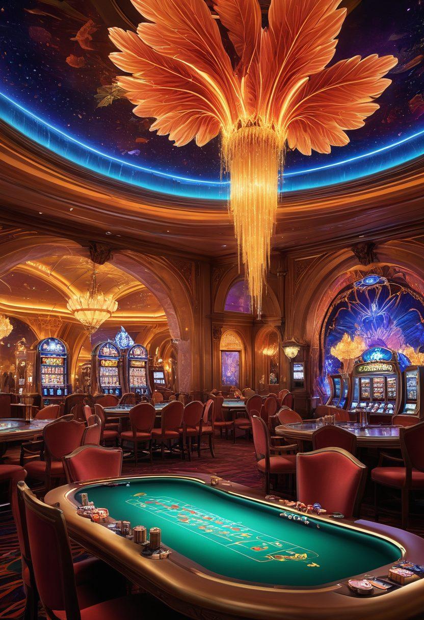 A captivating scene featuring a magical casino environment, combining slot machines glowing with mystical symbols and a luxurious poker table surrounded by enchanted playing cards that levitate. The atmosphere is vibrant and immersive, evoking a sense of wonder and strategy in gaming. Include enchanting, whimsical creatures cheering in the background, as if they are participants in the games. super-realistic. vibrant colors. fantasy art.